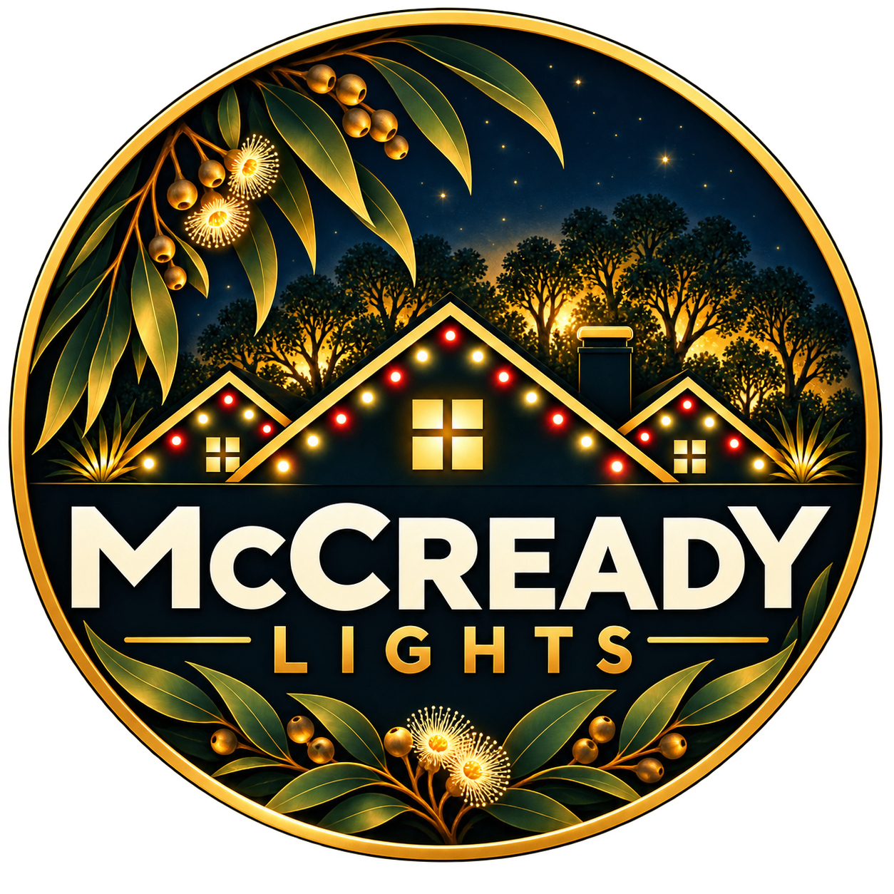 McCready Lights: a gold-edged eucalyptus emblem with a Christmas-lit house beneath a starry night sky